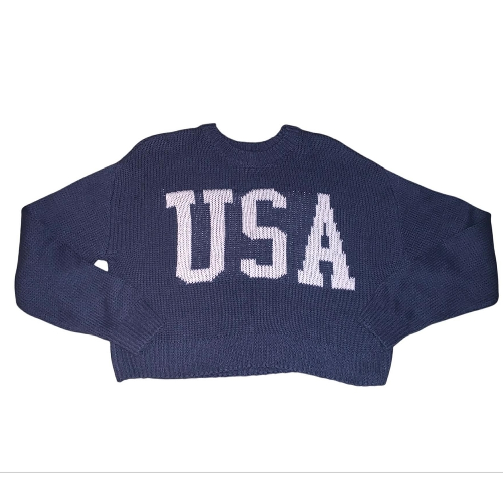Grayson Threads Navy Blue USA Cropped Knit Sweater M Old‎ Money Nautical